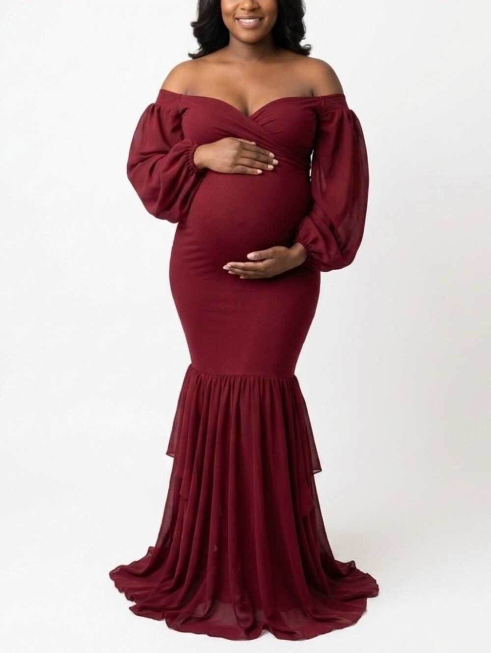 Off-Shoulder Dark Red Maternity Gown